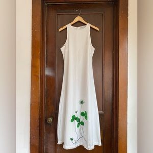 SOLD | Maxi Sleeveless White Shift Dress with Fringe and Clovers